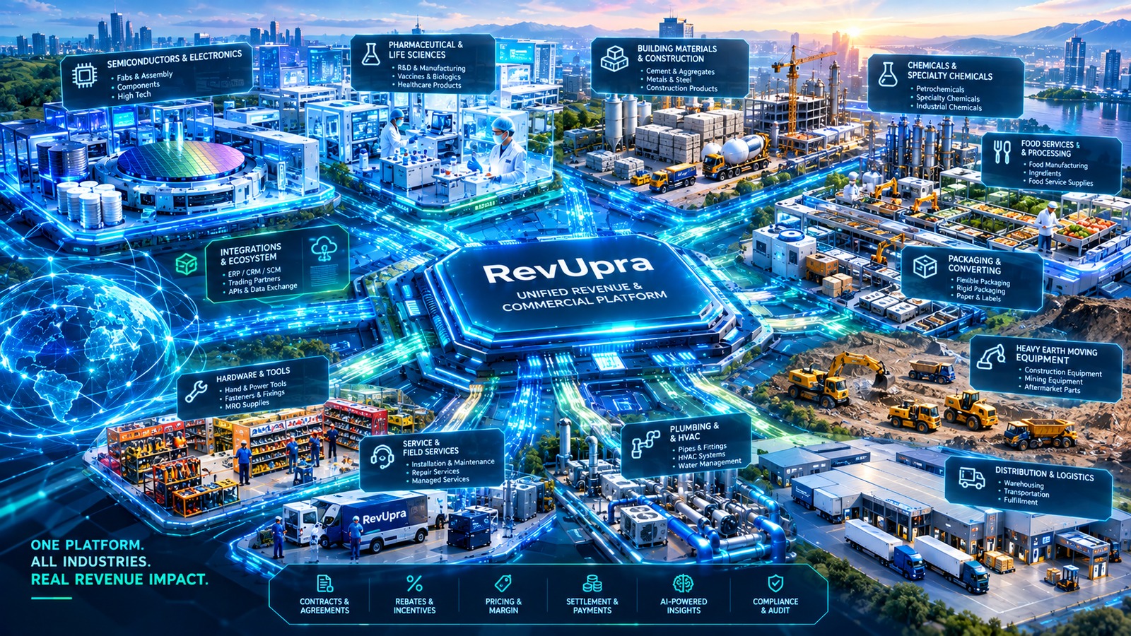 The RevUpra platform at the center of a connected industrial landscape — semiconductors, pharmaceuticals, construction materials, chemicals, food, packaging, heavy equipment, hardware, plumbing and HVAC, field services and distribution all feeding one revenue platform, with contracts, rebates, pricing, settlement, AI insight and audit along the base